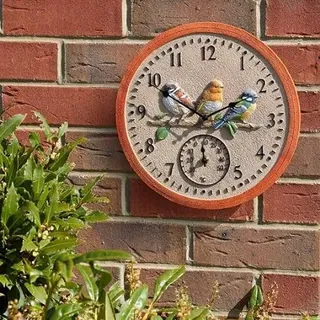 Garden Mile Outside In Birdwood Thermometer & Wanduhr Gartendekorationen Outdoor Vogeluhr Retro Vintage Wasserdicht Garten Terrasse 30,5 cm Wanduhren Wohnkultur Küchenuhr Gartendekoration