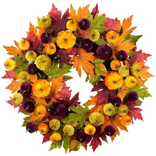 YULETIME 61 cm Herbstkranz, künstlicher Herbstkranz mit roten, orangefarbenen, grünen Ahornblättern und orangefarbenen, violetten, grün-gelben Kürbissen (Kürbis & Ahornblatt)