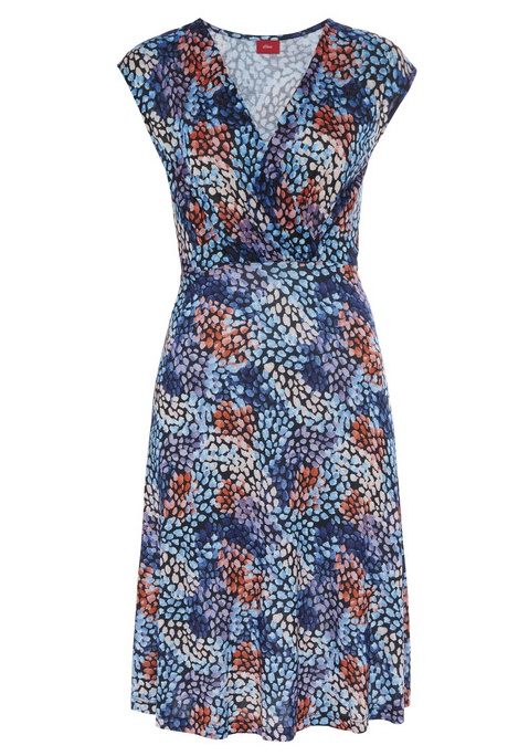 Bild von Jerseykleid, mit Alloverdruck und V-Ausschnitt, Sommerkleid in Wickeloptik, bunt