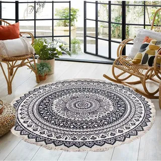Tiamu Boho Rund, Waschbar Teppiche mit Quasten, Wohnzimmerteppich, Schlafzimmer Rutschfester Tepich Kurzflor Teppiches, Mandala Carpet Bedroom Esszimmer Teppiche Büro, 90cm