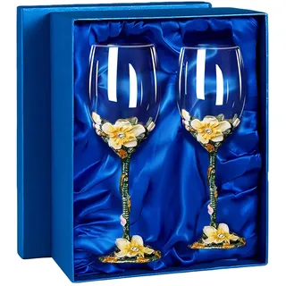 XUDREZ Gemaltes emailliertes Blumen-Bleifreies Weinglas, 320ml/10,8 OZ Rot/Weiß Kristall-Weingläser (Aprikosenblüte Rot Glas*2 Geschenkbox)