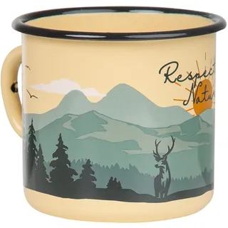 MUGSY Emaille Tasse, Respect Nature Motiv, 330ml, beige, bruchfest & leicht, Retro Camping Becher