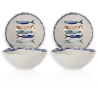 WESTCRAFT Schüssel im mediterranen Design mit Sardinen-Motiv | Maritime Bowl (16 cm), Suppenschale, Müsli-Schale, Salat-Schüssel - robust, Steinzeug, glattes Finish (4er Set Bowl (16 cm))