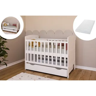 Kids Collective Babybett Kinderbett 70x140 cm mit Matratze & Schublade umbaubares Gitterbett höhenverstellbar | baby bed weiss Europe 140x70 - Weiß
