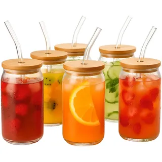 gouveo 6er Set Trinkgläser 350 ml Dose mit Deckel und Strohhalm - Cocktail Gläser aus Klarglas - Longdrinkgläser in Dosenform - Glasbecher mit Strohhalm und Bambusdeckel (TGR350DT)