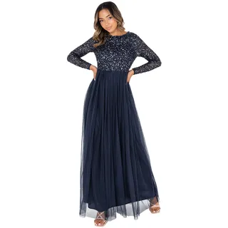 Maya Deluxe Damen Maya Deluxe Women's Dress for Wedding Guest Plus Size Empire High Waist Sequins Long Sleeve Evening Brautjungfernkleid, Navy, 50 EU
