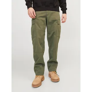Cargohose JACK & JONES "JPSTKARL JJHARLOW CARGO NOOS", Herren, Gr. 31, Länge 34, grün (dusty olive), Web, Obermaterial: 98% Baumwolle, 2% Elasthan, unifarben, loose fit normal, Hosen Cargohose