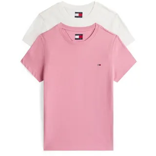 Tommy Hilfiger Tommy Jeans Damen, 2er Pack T-Shirts Kurzarm mit Rundhalsausschnitt, Mehrfarbig (Ecru/Mystic pink), S