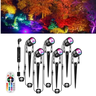 Greenclick RGB Gartenleuchte 21m 6er LED Gartenstrahler mit Strom Erdspieß 12V 3W 1800lm Farbig Gartenbeleuchtung IP65 Wasserdicht Bunt Gartenlampe mit Fernbedienung Timer für Garten Yard Rasen Zaun