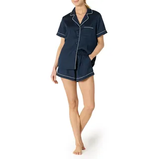 Amazon Essentials Damen Nachtwäsche-Set aus Kurzärmeligem Satin-Oberteil mit Knöpfen und Shorts, Marineblau, L