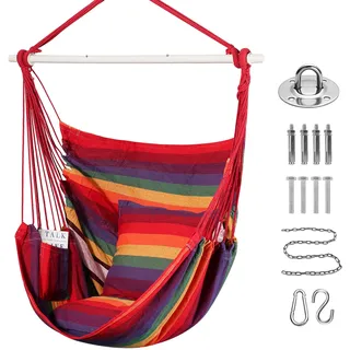 Goutime Hängesessel aus Baumwolle, 2 Kissen, Deckenhaken & Tragetasche | inkl. Tragetasche, Indoor, Garten & Balkon Hängeschaukel, max. 150 kg Tragkraft, Regenbogen