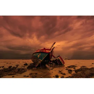 Papermoon "SCHIFFSWRACK-STRAND KLIPPEN WALD SEE SONNE GEBIRGE BOOT", bunt,