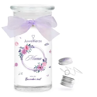 JuwelKerze Mama Armband Silber - Schmuckkerze 80 Std - große Duftkerze mit Blumigem Duft - Kerze im Glas mit Schmuck - Mama Geschenk, Muttertagsgeschenk, Geburtstag