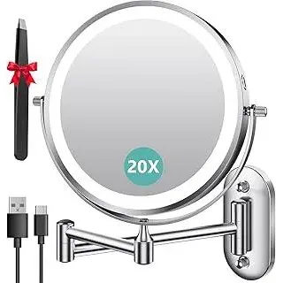 Auxmir Kosmetikspiegel mit Beleuchtung, 1X/20X Wiederaufladbar Schminkspiegel, 3200mAh Rasierspiegel Wandmontage, Dimmbar Vergrößerungsspiegel mit 3 Lichtfarben, 360° Drehbar für Badezimmer