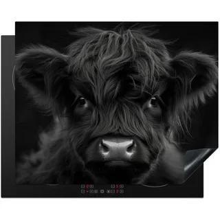 KitchenYeah© Herdabdeckplatte Einteilig Induktionsmatte Küche Abdeckung | 65x52 cm - Glaskeramikkochfeld Herd Abdeckplatte Deko Vinyl Matte Aufrollbar Schottisches Hochlandrind - Schwarz - Kalb - Kuh