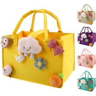 Dwafill Einkaufskorb Kinder, 30 * 20 * 18 cm Filztasche Klein Bunt, Kleine Filztasche Mit Griff, Korbtasche Kinder, Spielzeugtasche Junge, Als Geschenktüte für die Feiertage (Gelb, M)