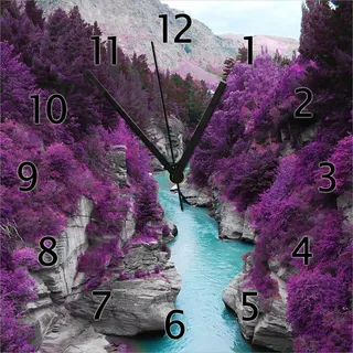 Wallario Design Wanduhr Fluss in lilafarbener Schlucht aus Echtglas, Größe 30 x 30 cm - Rosa