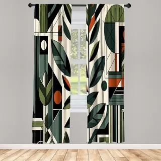 ABAKUHAUS Vorhänge 2er-Pack, Abstraktes Design von futuristischem Boho Dschungel und geometrischen Blättern, Vorhang für Wohnzimmer Schlafzimmer, 4 Stück 75 cm x 175 cm,Blasser Rosedagrün Grau