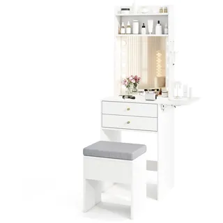 Costway Schminktisch mit Beleuchtung, Spiegel, Schubladen, & klappbarer Tischplatte, Kosmetiktisch für kleine Räume Weiß