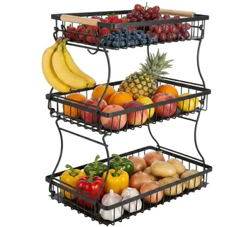 Cozary 3 Stockig Obstkorb Etagere, Obst Etagere mit 3 Ablagebrettern, Fruits Basket Stapelbar, Raumsparend, Gemüse, Snacks zu Hause, Küche, Büro, Etagere Schwarz, 37x21x45cm
