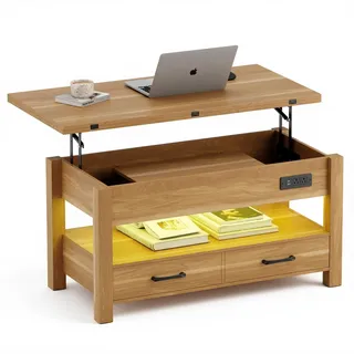 COLAMY 101,6 cm Smart Lift-Top Couchtisch für Wohnzimmer, 4-in-1 multifunktionaler moderner Couchtisch mit Aufbewahrungsschubladen, LED-Licht und Ladestation, Landhaus-Holz-Couchtisch, Naturholz