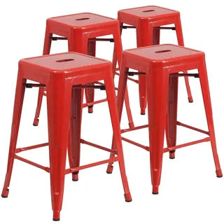 Flash Furniture 4 Stück in der Packung 60,96 cm hoher rückenfreier roter Theke-Hocker mit quadratischem Sitz aus Metall für Innen- und Außenbereich