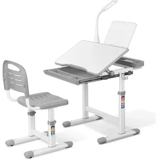 Kinderschreibtisch mit Stuhl - Set - Höhenverstellbar - Mit LED-Lampe - Schublade - Buchständer - 74,5 x 66,5 x 49,5 cm - Hellgrau - Hellgrau