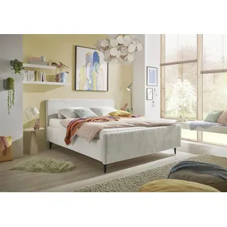 Stella Trading Polsterbett 160x200 Peach in Cord-Optik, Bettgestell mit gepolstertem Kopfteil & Holzfüßen, modernes Stoffbett, ohne Matratze & Lattenrost, Ivory