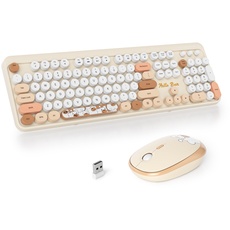 SOLIDEE kabellose Tastatur- und Maus-Kombination,Retro-Schreibmaschinen-Tastatur,2.4GHz runde Tastenkappe Tastatur mit Ziffernblock,104 Tasten ergonomische Tastatur(Amerikanisch QWERTY)(Bear Beige)
