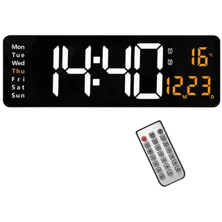 Lancoon Digitale Wanduhr, 16 Zoll LED Display mit 10 Stufen Einstellbarer Helligkeit Woche Temperatur Kalender Fernbedienung Ladeanschluss für Wohnzimmer Schlafzimmer