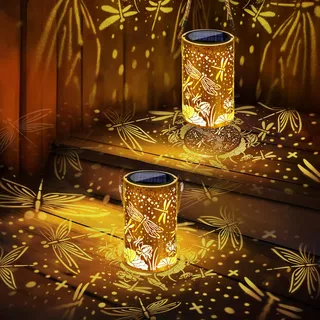 Qedertek Solarlampen für Außen Garten, 2 Stück LED Metall Libelle Solarlaterne für Außen Hängend, IP65 Wasserdicht Solarleuchten Gartendeko für Balkon Patio Baum Terrasse Geschenke für Frauen Mama