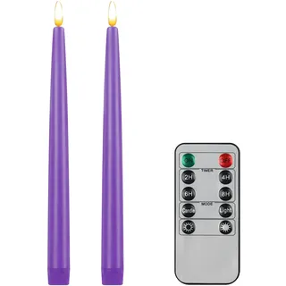 CVHOMEDECO. Flammenlose Spitzkerzen mit 10-Tasten-Fernbedienung, batteriebetrieben, flackernde 3D-Docht-Fensterkerzen, echtes Wachs, fertige Heimdekoration, 1,9 x 27,9 cm, 2 Stück, Lila