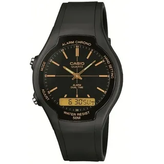 Casio Herren Quartz Armbanduhr, 38.00mm Gehäusegröße mit schwarz analog/digital Zifferblatt und schwarz Rubber Strap Armband AW-90H-9EVEF