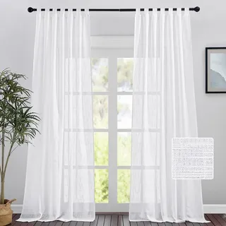 PONY DANCE Weiße Gardinen mit Schlaufen Vorhänge Leinenoptik Halbtransparent Schlaufenvorhang Wohnzimmer Dekoration 2 Stücke H 260 x B 140 cm