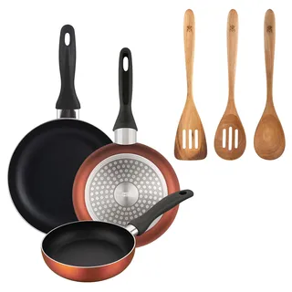 Well Home Set mit 3 Pfannen, Ø 16 x 20 x 24 cm, aus gepresstem Aluminium, kupfer-metallic + 3-teiliges Kochgeschirr-Set, Akazie