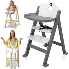 LIONELO Floris 3-in-1 Kinderstuhl aus Holz, hochverstellbarer Stuhl, abnehmbares Tablett, von 6 bis 36 Monate/bis 12 Jahre, 5-Punkt-Sicherheitsgurte, Belastbarkeit bis 15 kg / 40 kg (Grey)