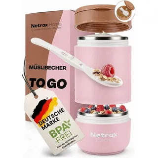 NetroxHome - Müslibecher To Go mit Löffel, Auslaufsicherer Joghurtbecher To Go aus Edelstahl, Lunchbox, Müslibecher - To Go Becher für Müsli, Joghurt, Porridge, Suppen - Müsli To Go Becher - Kinder