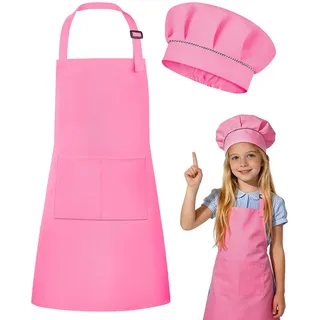 DiULi Kochschürze Kinder, Kinder Schürze und Kochmütze Set, Verstellbare Backschürze mit Taschen für Jungen Mädchen, Kinderschürzen für Kochen Backen Malen Basteln Party, S/L