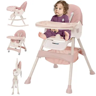 Hochstuhl Baby 3 in 1 Babystuhl Kinderhochstuhl Verstellbar Klappbar Kinderstuhl mit Doppellagigem Abnehmbares Essteller, 3 Position Rückenlehne, 5-Punkt-Sicherheitsgurt, Mitwachsend ab 6 Monate, Rosa