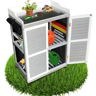 Coemo Gartenschrank Lola Holz Pflanztisch mit Arbeitsplatte, wasserabweisende PVC Wände Grau / Weiß - Grau