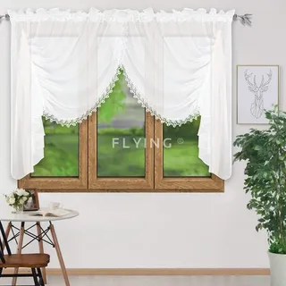 FKL DESIGN Home Deco Gardinen Fertiggardine Fenstergardine küchengardinen modern Gardine aus Voile mit Gipüre Faltenband Kräuselband Store kurz Lang Modern Weiß 250x400 cm LB-11-A (150 x 300 cm)