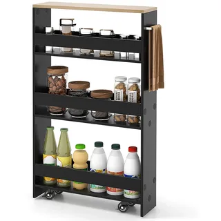 COSTWAY Nischenwagen 13cm breit, 4 Etagen Küchenwagen schmal, Nischenregal auf Rollen, Servierwagen, Badregal Holz, 47,5x13x80,5cm, Schwarz+Natur - Schwarz, Naturbelassen