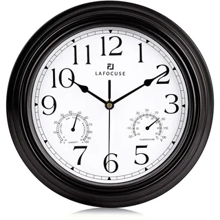 Lafocuse Schwarz Grau Wanduhr mit Temperaturanzeige und Luftfeuchtigkeit, Vintage Wanduhr Ohne Tickgeräusche für Küche Wohnzimmer Schlafzimmer 30cm