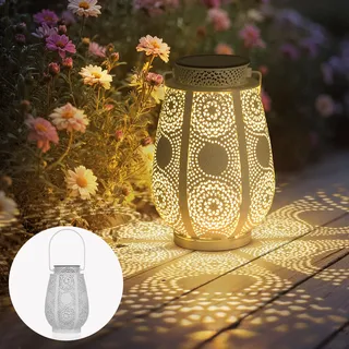 Bonsery Solarlaterne für Außen Hängend/Stehend, Orientalische Solar Laternen IP65 Wasserdicht Metall, 15LM LED Groß Solarlampen für Außen Garten Deko Patio Baum Camping Rasen Hof(Weiß)