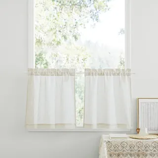 PONY DANCE Bistrogardine 2er Set Leinen Vorhang Boho Halbtransparent B 60 x H 45 cm Scheibengardinen Landhausstil Kurze Gardine für Küche und Wohnwagen Fenster, Beige