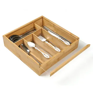 JAZUIHA Holz Besteckkasten mit Deckel, 5 Fächer Besteck Aufbewahrungsbox, 30x30x8cm Besteckorganizer für Tisch und Schublade, Besteckhalter mit Dekorativem Design
