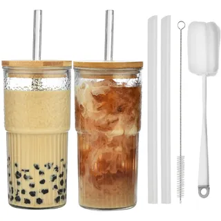 VITEVER 2 Stück Bubble Tea Becher 600ml Transparente Gestreifte Glas mit Deckel, Eiskaffee Gläser, Geriffelte Gläser, Longdrinkglas Set, Glasbecher Trinkglas, Smoothie-Becher