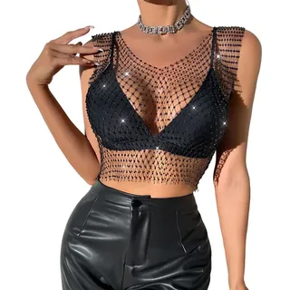 KSJEHW Mesh Kristall Top Festival Outfit Strasssteine Fischnetz ausgehöhltes Tank Top glitzerndes Körper Accessoire für Frauen und Mädchen(V-Ausschnitt, M)