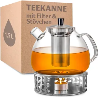 Cosumy Teekanne mit Sieb und Stövchen - 1,5 Liter - Hält lange warm - Spülmaschinenfest - Robuste Glas Teebereiter Groß - Geschenkset