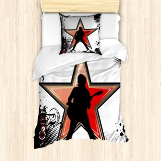 ABAKUHAUS Rockmusik Mantele, Guitar Player Stern, Milbensicher Allergiker geeignet mit Kissenbezügen, 135 cm x 200 cm - 80 x 80 cm, Schwarz Rot Pfirsich - Schwarz